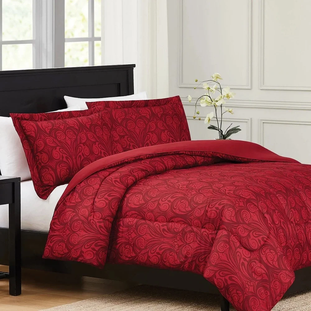 New Nuveau Scroll 3-Pc. Comforter Sets REVERSIBLE Comforter RED  KING